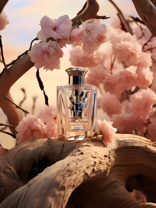 香水在粉色鲜花背景上的摄影版权图片下载