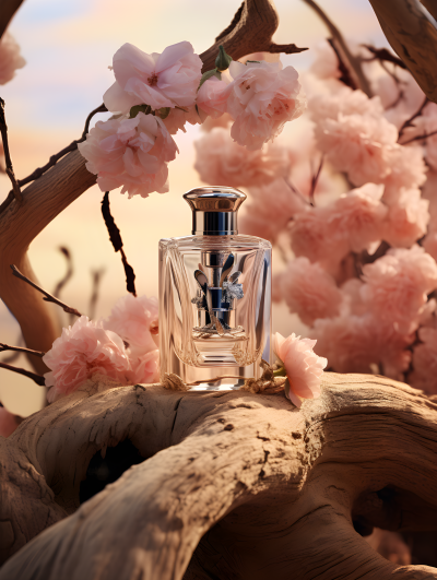 香水在粉色鲜花背景上的摄影图片