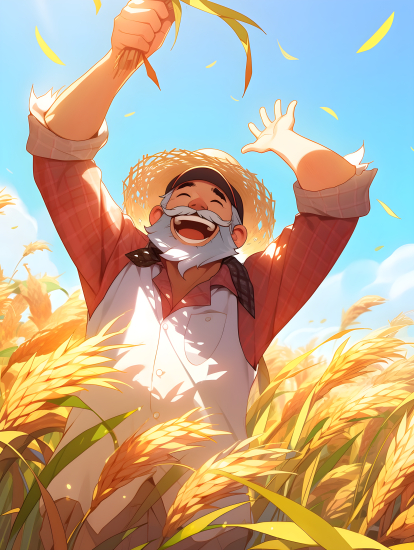 欢笑中的老爷爷收割小麦摄影图片