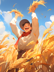 金色麦田中的中国农民欢笑着收割