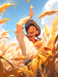 农民欢笑收割小麦摄影图片