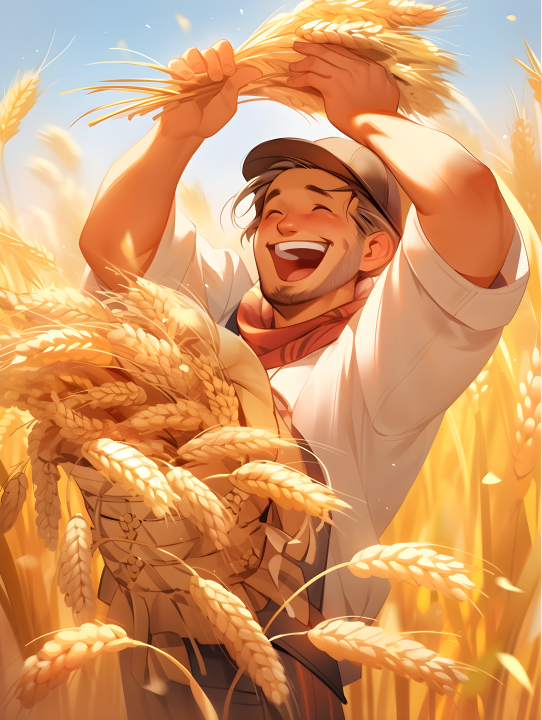 中国农民欢笑着收割小麦的摄影版权图片下载
