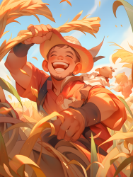 幸福笑脸的中国农民收割小麦摄影图片