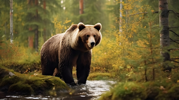 站在小溪边的棕熊摄影图片