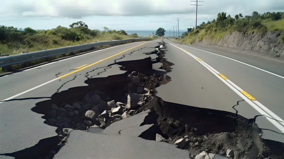 地震多发带道路开裂摄影图片