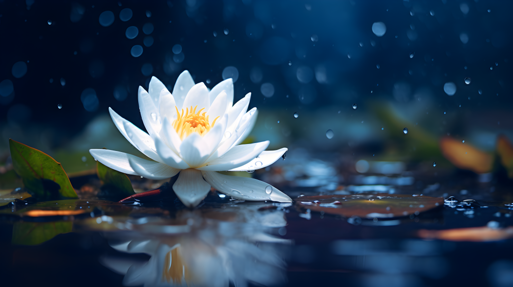 白色水莲雨中绽放摄影图版权图片下载