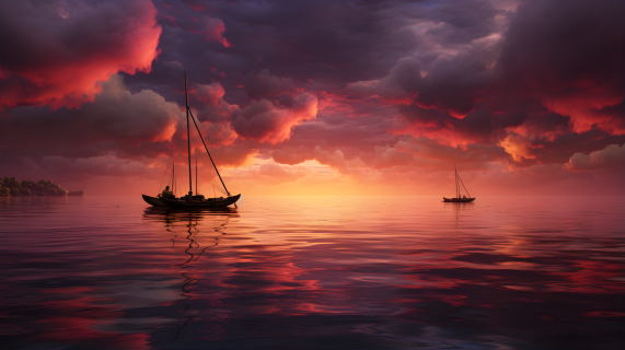 橙色天空的海上船只摄影图片