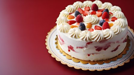 红色背景上的生日蛋糕摄影图片