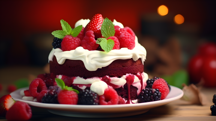 红丝绒奶油蛋糕配浆果摄影版权图片下载