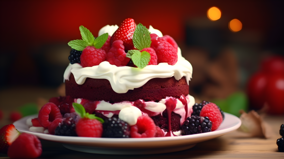 红丝绒奶油蛋糕配浆果摄影图片