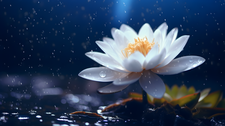 夜晚雨滴中的池塘白莲花摄影图版权图片下载