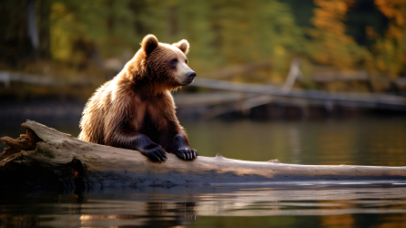 棕色熊木头旁玩水摄影图