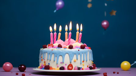 蓝色背景上的生日蛋糕摄影图片