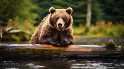 水边原木上的棕熊摄影图片