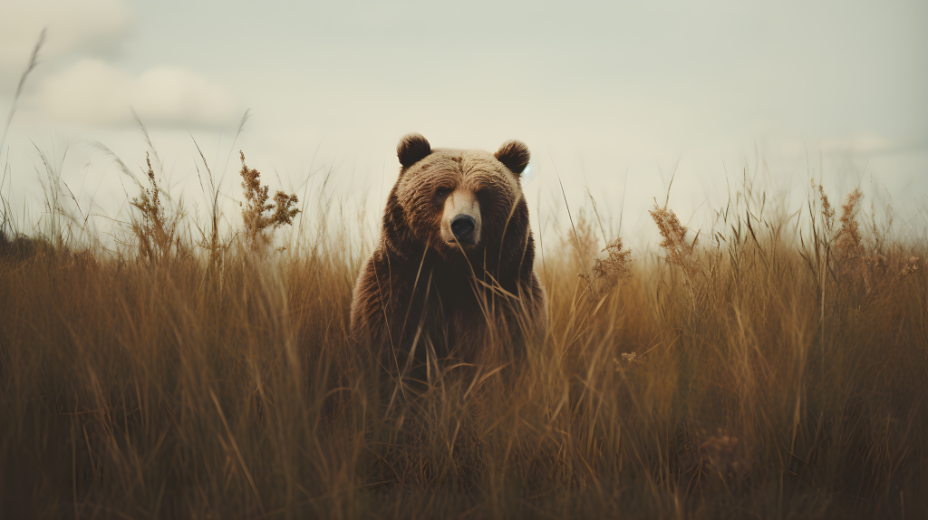草地中站立的棕熊摄影图片