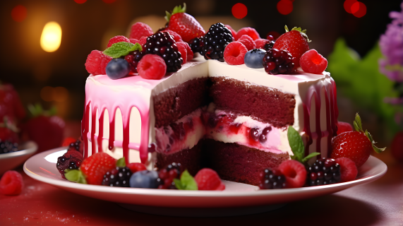 红丝绒蛋糕配浆果和奶油摄影图片