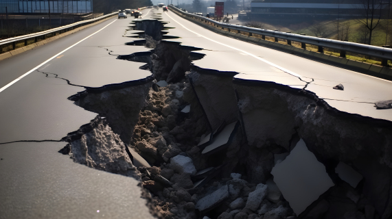 地震引发的道路龟裂摄影图片