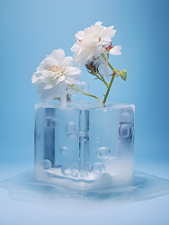 冰块中的两朵白色花卉摄影图片