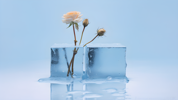冰块中的三朵花摄影图片