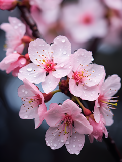 粉白色桃花上的水珠摄影图