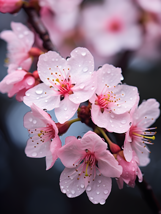 粉白色桃花上的水珠摄影图版权图片下载