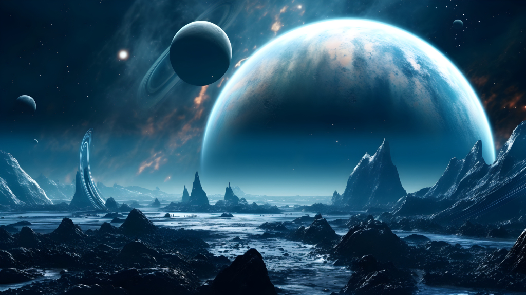 星际风格的暗白与天蓝色行星系摄影图片