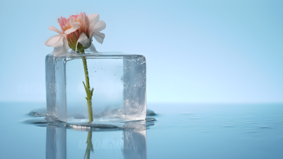 透明冰块中的鲜花摄影图片