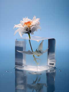 一朵鲜花透明冰块摄影图