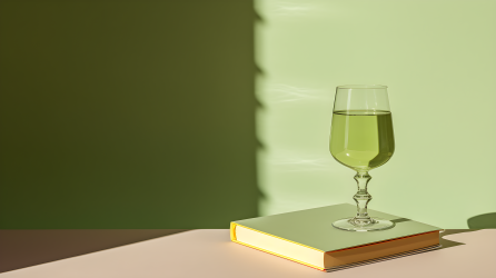 透明玻璃杯绿皮书籍摄影图