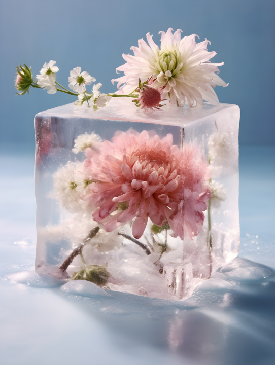 透明冰块中的粉色花朵摄影版权图片下载