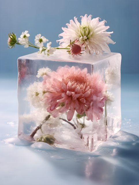 透明冰块中的粉色花朵摄影图片