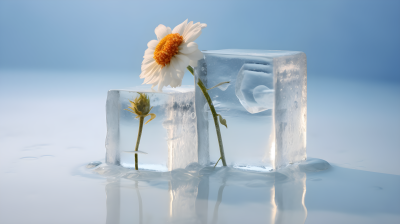 冰块中的白色小雏菊摄影图片