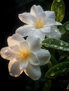 清晨微光下的鲜花水珠摄影图
