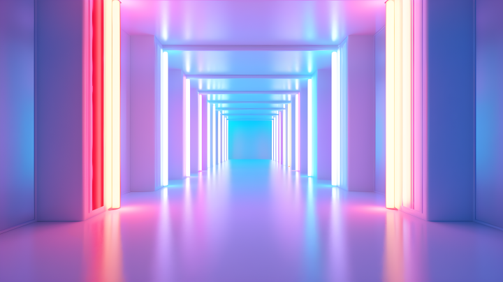 白色背景上的霓虹灯迷宫走廊摄影图版权图片下载
