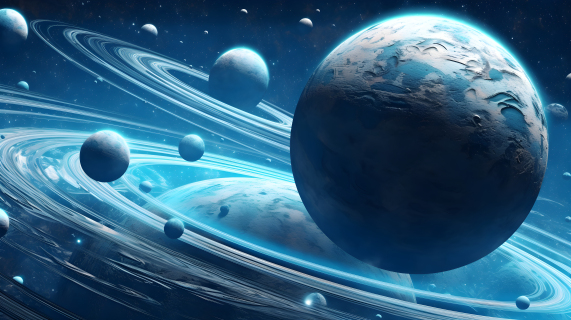 未来星系旁一组暗白与天蓝风格的行星摄影图片