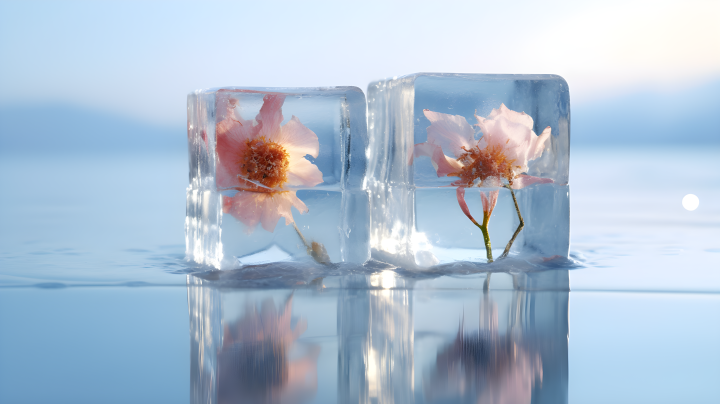 蓝色背景上的冰冻花朵摄影版权图片下载