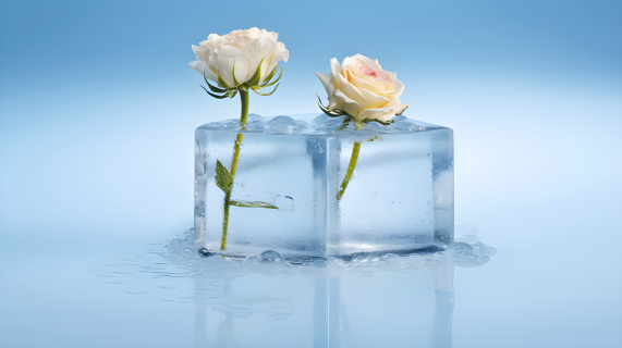 冰块中的典雅玫瑰花摄影图片