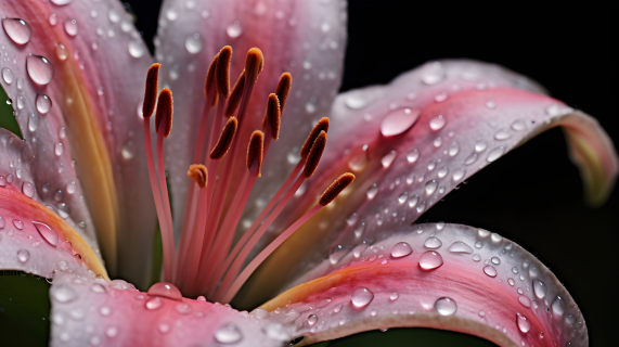 清晨粉色百合花朵上的水珠摄影图片