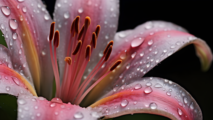 清晨粉色百合花朵上的水珠摄影版权图片下载