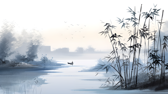 晨光下的竹子近景水墨画摄影图