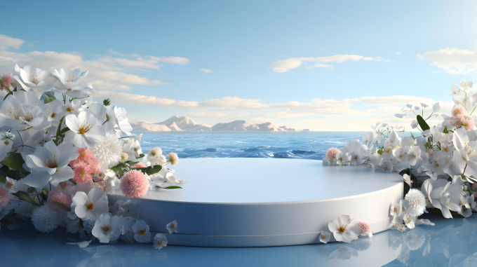 蓝天白云下的鲜花展示台摄影图片