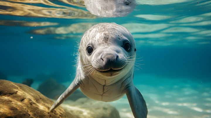清澈海洋中的可爱海豹摄影图版权图片下载
