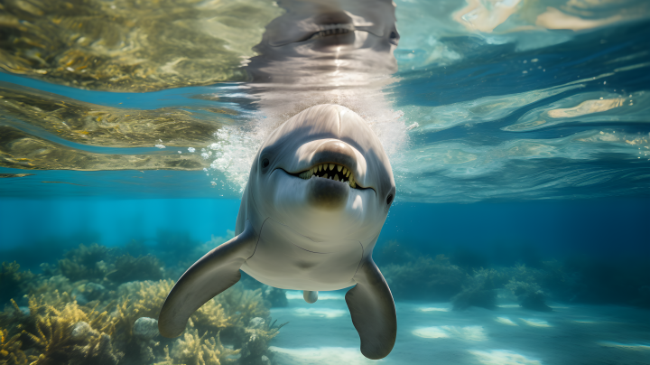 一只海豚在海洋里玩耍摄影图版权图片下载