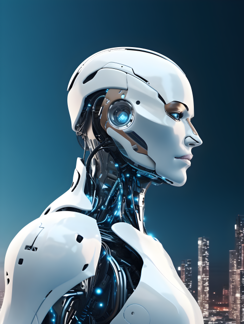 白色金属外壳的智能机器人摄影图片