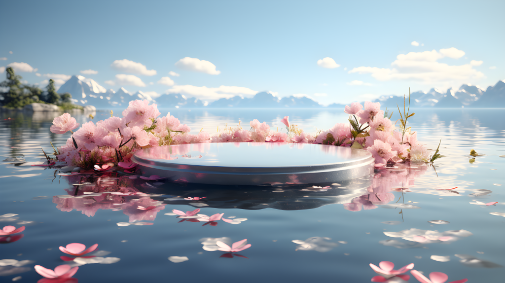 高级氛围的电商展台唯美湖景摄影图版权图片下载