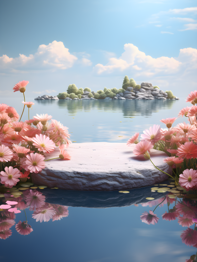 平静的湖景鲜花簇拥的展台摄影图片