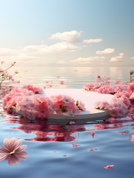 湖面上的粉色鲜花产品展示台摄影图片