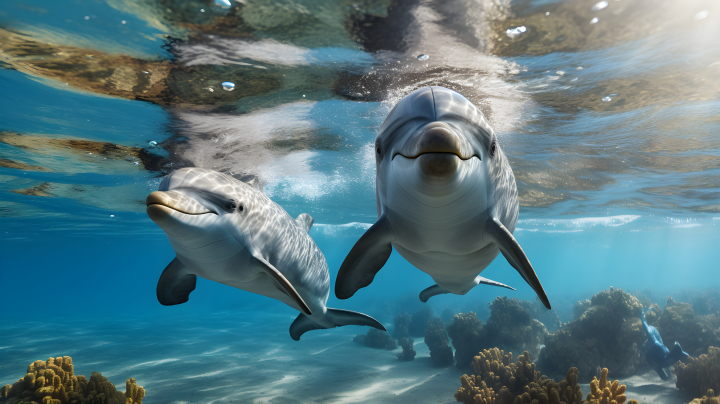 海洋中玩耍的海豚摄影图版权图片下载