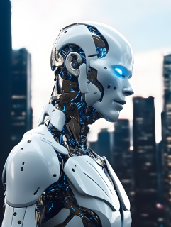 科技风格AI机器人面部摄影图片