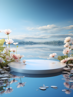 湖面波光粼粼鲜花倒影摄影图片